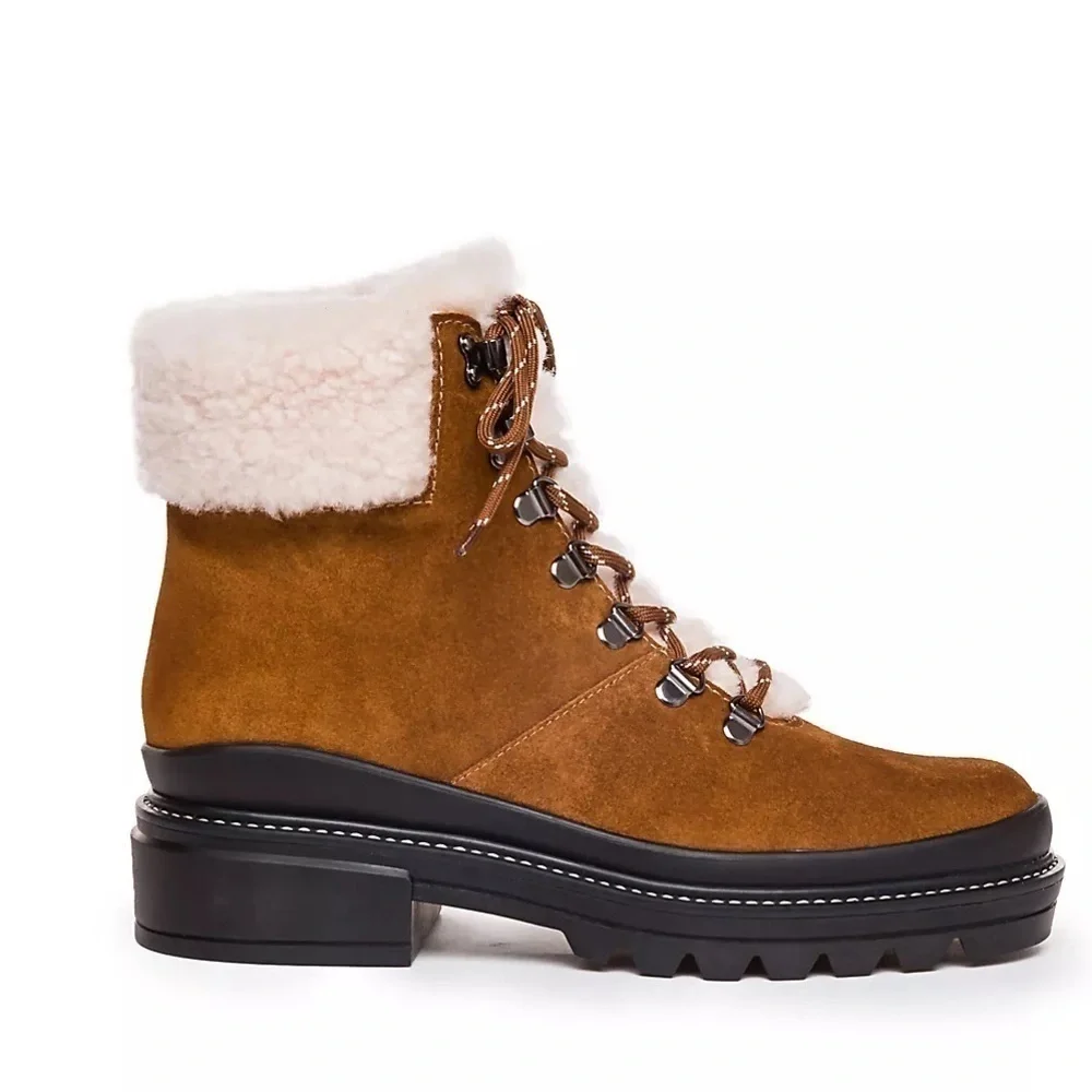 Bernardo Anthropologie Sz 7  Dasher Suede Brazil Hiking Boots Shearling Trim NWT